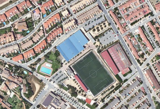 Vista aérea Mercat setmanal dissabtes, Sant Vicenç de Montalt